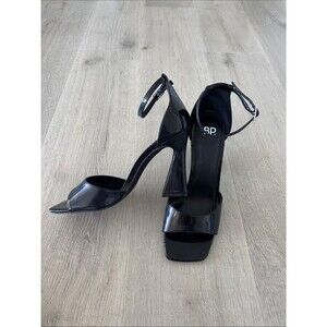 bp Black Square-Toe Ankle-Strap Heels